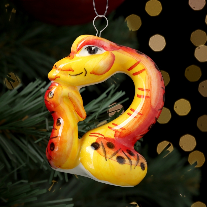 Новый год. Ёлочная игрушка символ года Новый год. Ёлочная игрушка символ года "Змей Мыслитель красный", 7 см, фарфор