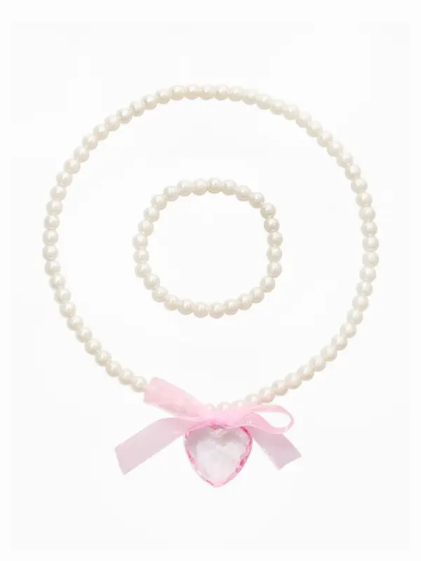 Набор детских украшений &laquo;Выбражулька. Сердце, бант&raquo;, 2 предмета: бусы 35 см, браслет, d=5.5 см, белый, розовый