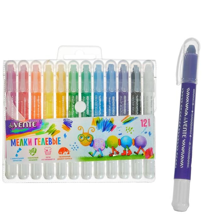 Мелки гелевые 12 цветов deVENTE, супермягкие, с акварельным эффектом, пластиковый корпус с поворотным механизмом, в блистере Мелки гелевые 12 цветов deVENTE, супермягкие, с акварельным эффектом, пластиковый корпус с поворотным механизмом, в блистере