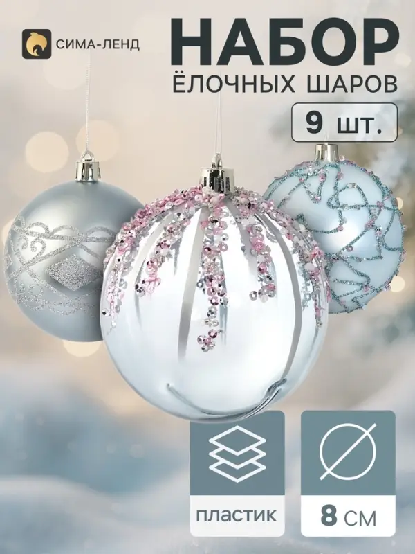 Ёлочные шары набор 9 шт. &laquo;Комета&raquo;, d=8 см, кружево, розово-голубые