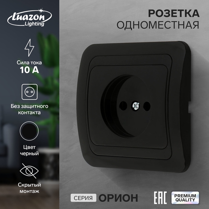 Розетка одноместная Luazon Lighting  Розетка одноместная Luazon Lighting "Орион", 10 А, скрытая, без з/к, черная