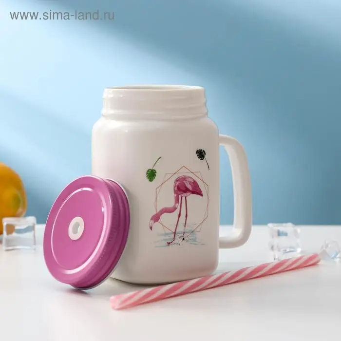Кружка керамическая с металлической крышкой и трубочкой «Фламинго», 450 мл, цвет МИКС Кружка керамическая с металлической крышкой и трубочкой «Фламинго», 450 мл, цвет МИКС