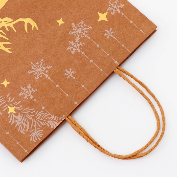 Пакет крафт с золотым тиснением, круглая ручка, Пакет крафт с золотым тиснением, круглая ручка, "Новый год" 33 х 25 х 12 см, 120 г