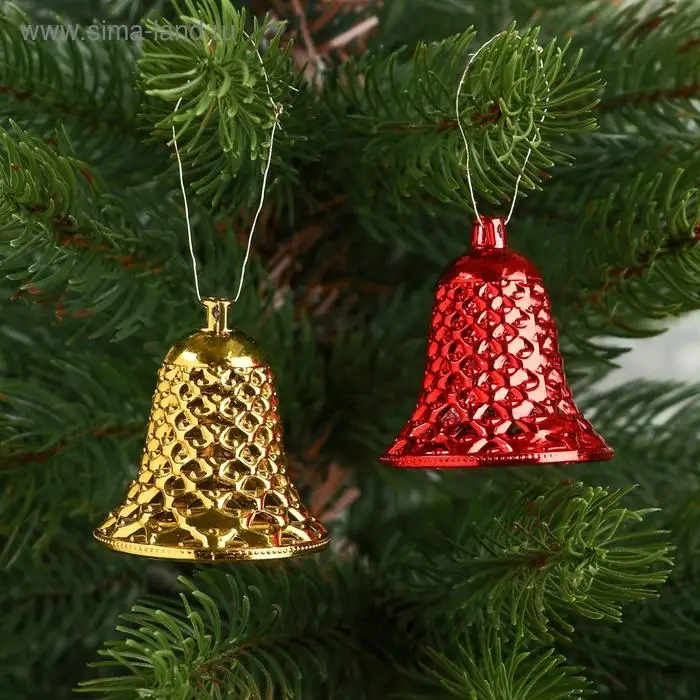 Ёлочные игрушки 6 шт. «Зимнее волшебство. Колокольчики ребристые» пластик, 4.5×4 см, красный золото Ёлочные игрушки 6 шт. «Зимнее волшебство. Колокольчики ребристые» пластик, 4.5×4 см, красный золото