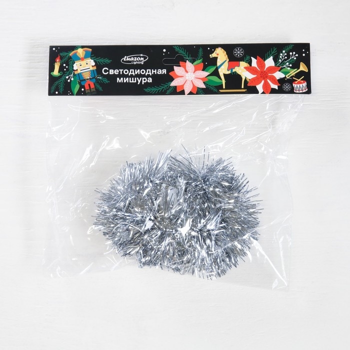 Гирлянда «Мишура» 1 м роса, IP20, серебристая нить, 22 LED, 6 слоёв, d=7 см, батарейки CR2032х2 (в комплекте), свечение белое
