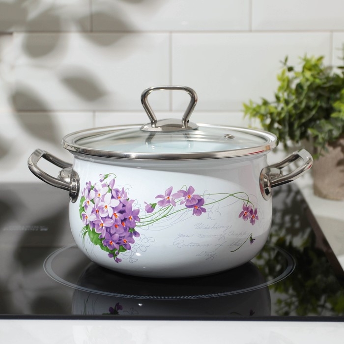 Кастрюля эмалированная «Сирень», 2,1 л, стеклянная крышка, индукция Кастрюля эмалированная «Сирень», 2,1 л, стеклянная крышка, индукция