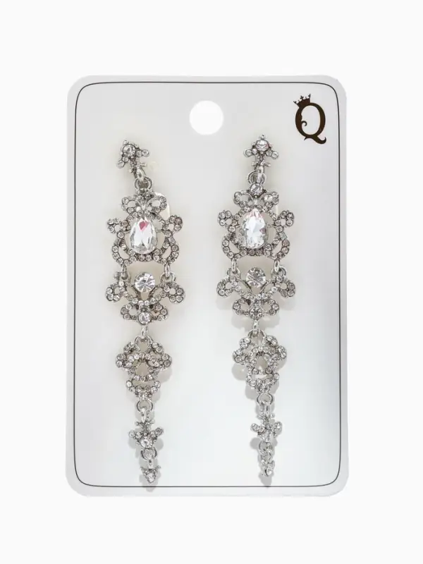 Серьги клипсы для ушей висячие со стразами QF &laquo;Ажур&raquo;, белые в серебре