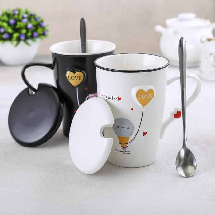 Набор кружек керамических с крышками и ложками &laquo;Узы любви&raquo;, 2 предмета: 400 мл, цвет МИКС