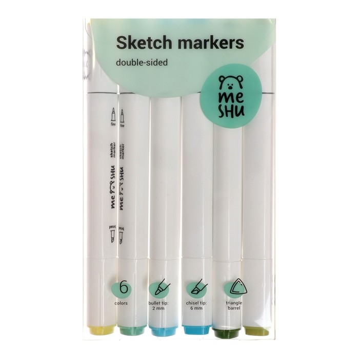 Маркеры для скетчинга двусторонние MESHU, 6 цветов (морские цвета) Маркеры для скетчинга двусторонние MESHU, 6 цветов (морские цвета)