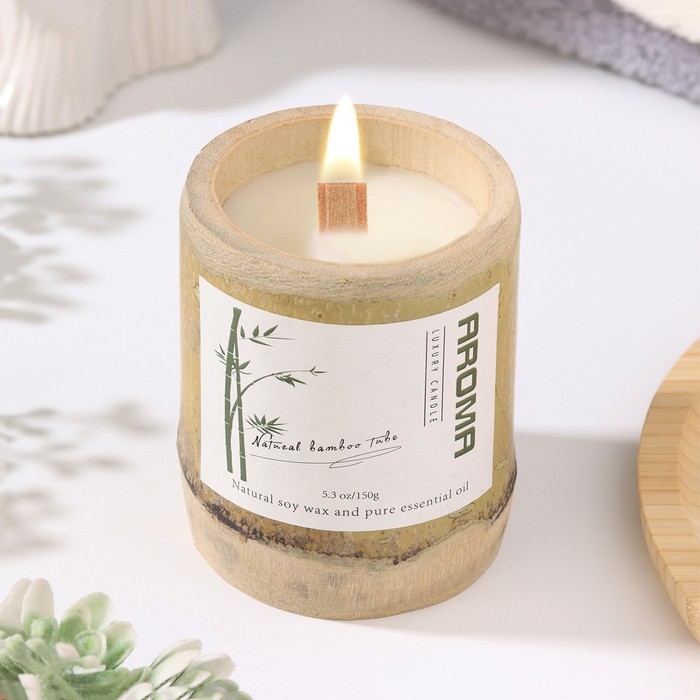 Свеча ароматическая в бамбуке Свеча ароматическая в бамбуке "Душистая гардения", соевый воск, 25ч, 150 гр, 8,5х8 см