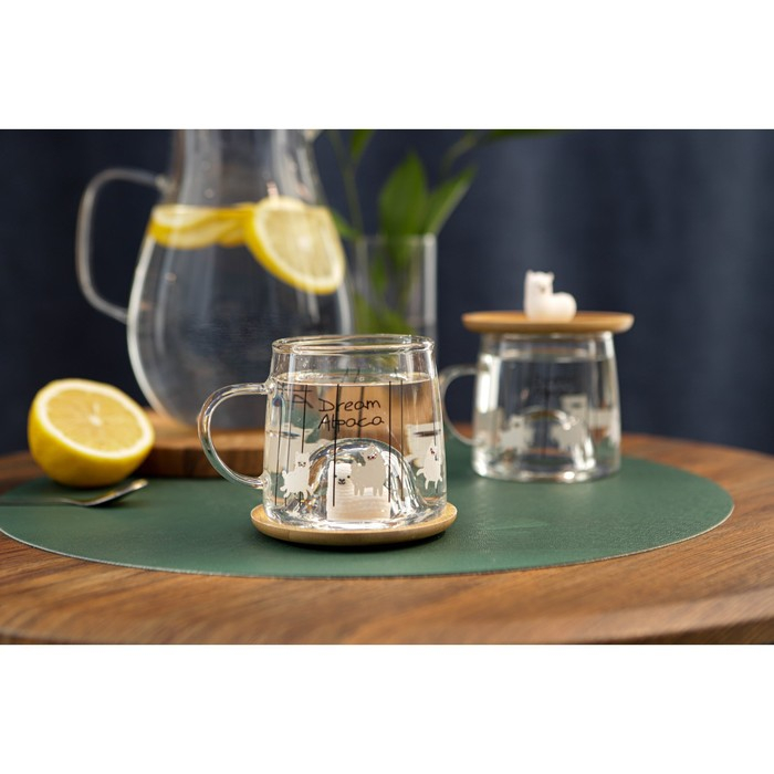 Кружка стеклянная с деревянной крышкой «Лама», 300 мл, рисунок МИКС Кружка стеклянная с деревянной крышкой «Лама», 300 мл, рисунок МИКС