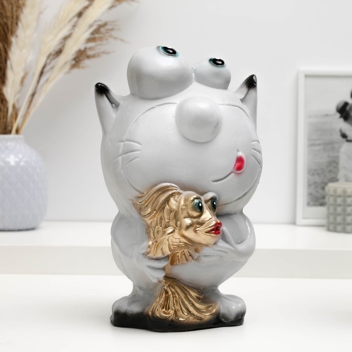 Копилка Копилка "Кот с рыбкой" серый, 16х14х25,5см МИКС