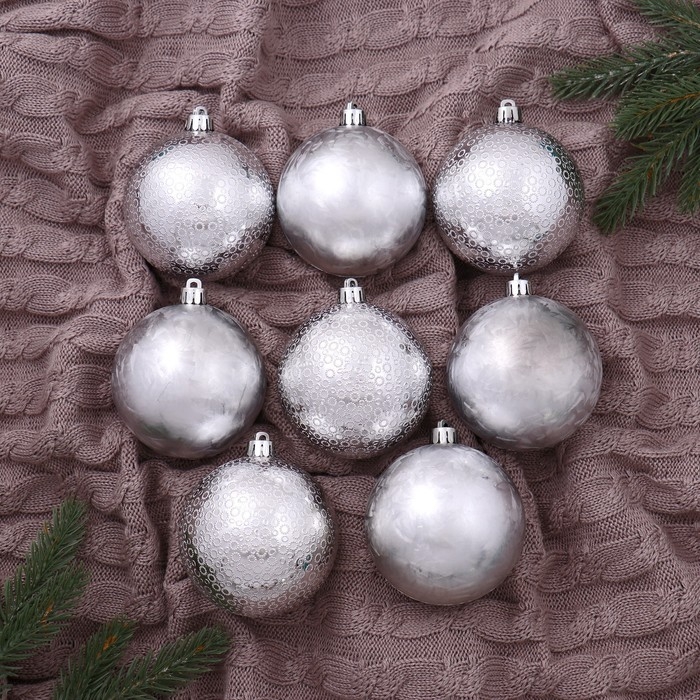 Набор шаров пластик d-8 см, 8 шт Набор шаров пластик d-8 см, 8 шт "Элла" серебро