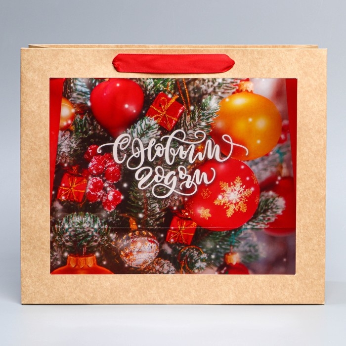 Пакет подарочный новогодний крафтовый с пластиковым окном «Happiness», 31 х 26 х 11 см Пакет подарочный новогодний крафтовый с пластиковым окном «Happiness», 31 х 26 х 11 см