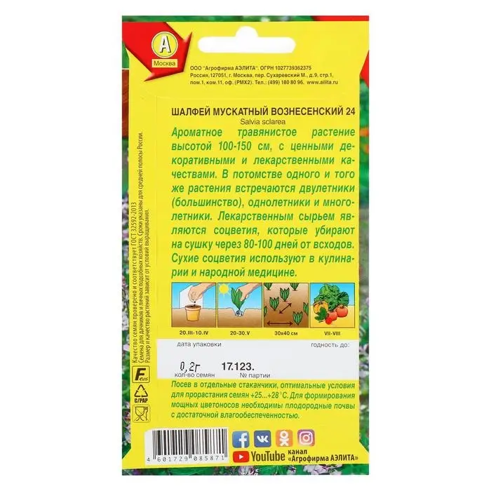 Семена Шалфей мускатный  Семена Шалфей мускатный "Вознесенский 24", 0,2 г