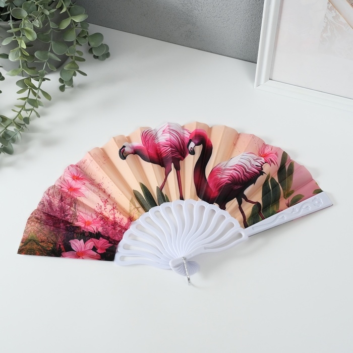 Веер пластик, текстиль  Веер пластик, текстиль "Розовый фламинго" МИКС 23 см