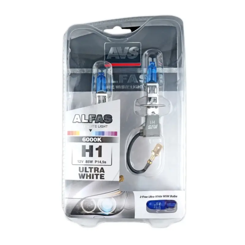 Газонаполненные лампы AVS ALFAS Pure-White 6000К H1 12V 85W, комплект 2+2 (W5W) шт.
