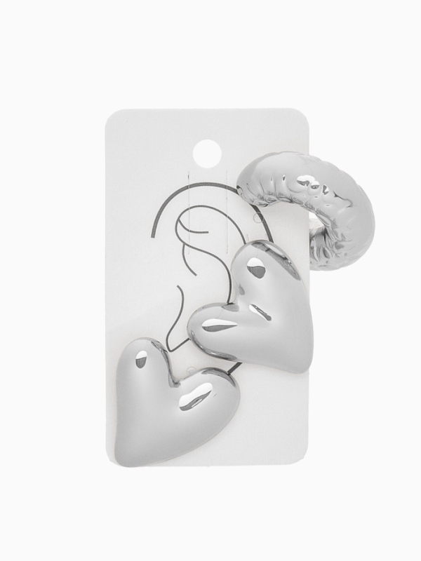 Набор серьги и каффы 3 шт. «Сердечко» бублик, цвет серебро