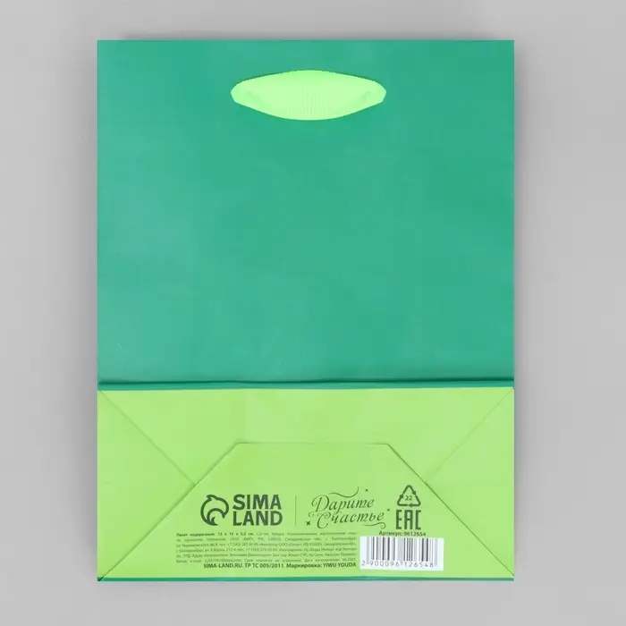 Пакет подарочный двухцветный, упаковка, «Зеленый-салатовый», S 12 х 15 х 5.5 см