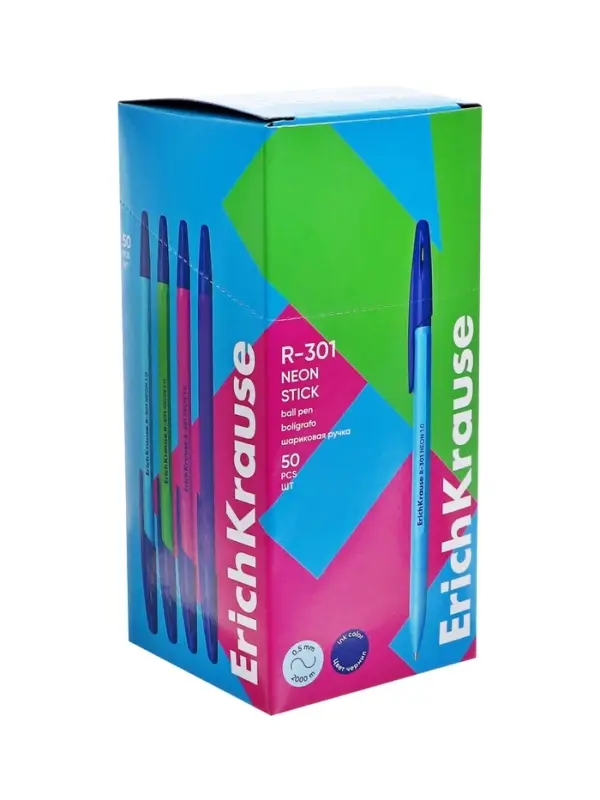 Ручка шариковая ErichKrause R-301 Neon Stick, узел 0.7 мм, чернила синие, длина письма 2000 метров, МИКС