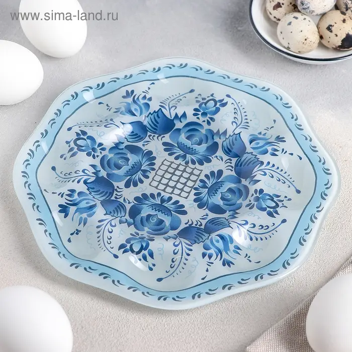 Подставка стеклянная для яиц Доляна &laquo;Русский узор&raquo;, 8 ячеек, 21&times;21 см, цвет белый