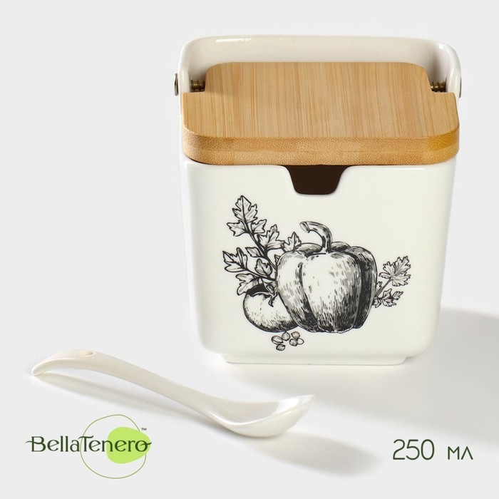 Банка для хранения сыпучих продуктов с ложкой BellaTenero &laquo;Эстет. Овощи&raquo;, 250 мл, с бамбуковой крышкой, фарфоровая, цвет белый