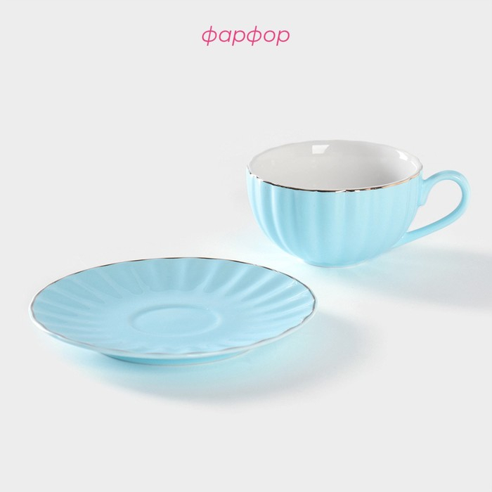 Чайная пара фарфоровая Доляна «Вивьен», 2 предмета: чашка 200 мл, блюдце d=15 см, цвет голубой Чайная пара фарфоровая Доляна «Вивьен», 2 предмета: чашка 200 мл, блюдце d=15 см, цвет голубой