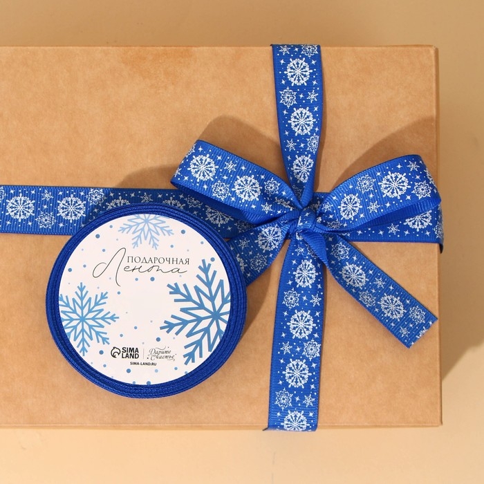 Лента декоративная репсовая «Снежинки», синяя, 2 см × 5 м Лента декоративная репсовая «Снежинки», синяя, 2 см × 5 м