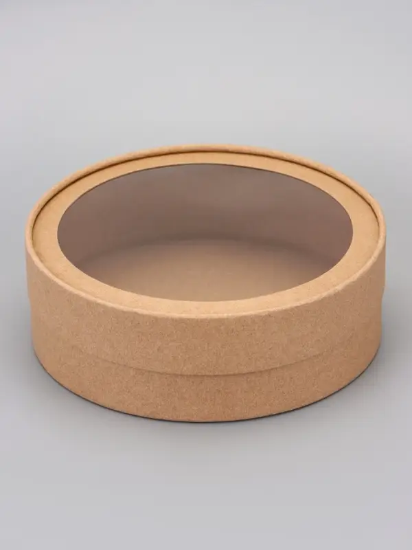 Набор круглых подарочных коробок, завальцованные с окном, крафт, набор 8 шт. , 18×6 см