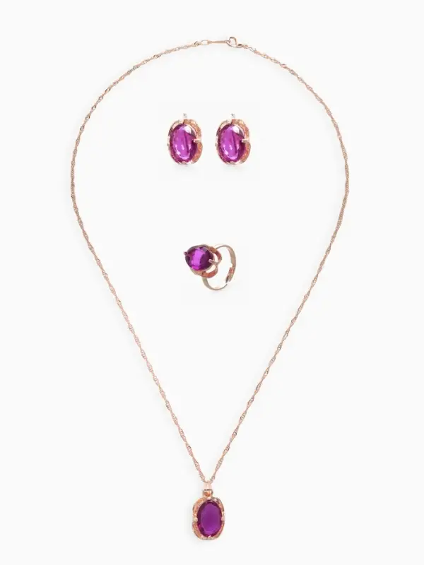 Гарнитур 3 предмета: серьги, кулон, кольцо безразмерное &laquo;Эдель&raquo;, классик, фиолы в золоте, 45 см