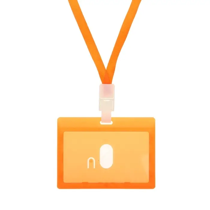 Бейдж - карман горизонтальный, внешний размер 100&times;74 мм, внутренний размер 90&times;54 мм, оранжевый, с оранжевой лентой, жёсткокаркасный