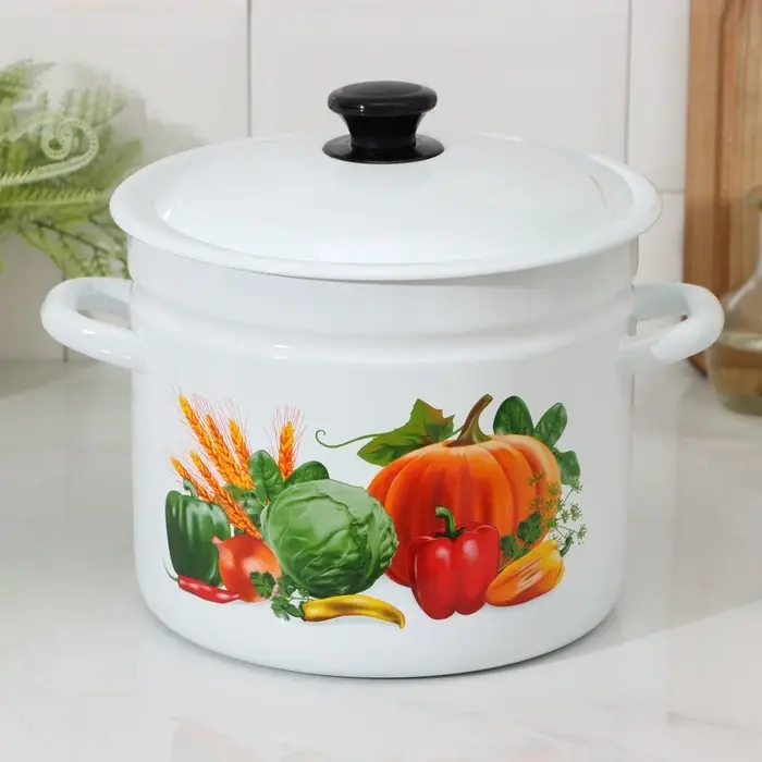 Кастрюля эмалированная, 7 л, d=24 см, с крышкой, деколь МИКС, белая