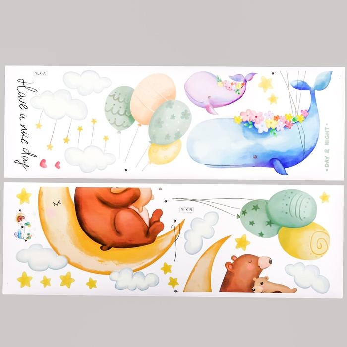 Наклейка пластик интерьерная цветная Наклейка пластик интерьерная цветная "Звери и воздушные шарики" 30х90 см набор 2 листа