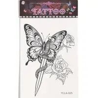 Татуировка на тело &laquo;Бабочка, розы и меч&raquo;, 12.5&times;20.7 см, чёрная