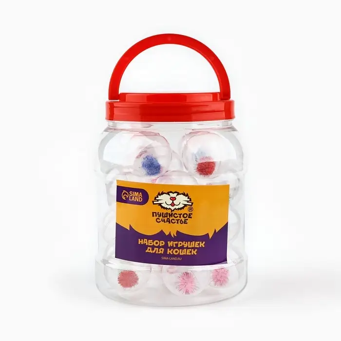 Шарик для кошек с помпошкой, 4 см, фасовка в банку по 25 шт, МИКС Шарик для кошек с помпошкой, 4 см, фасовка в банку по 25 шт, МИКС