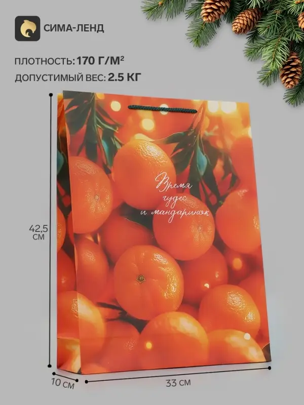 Пакет подарочный &laquo;Время чудес и мандаринок&raquo;, 33&times;10&times;42.5 см