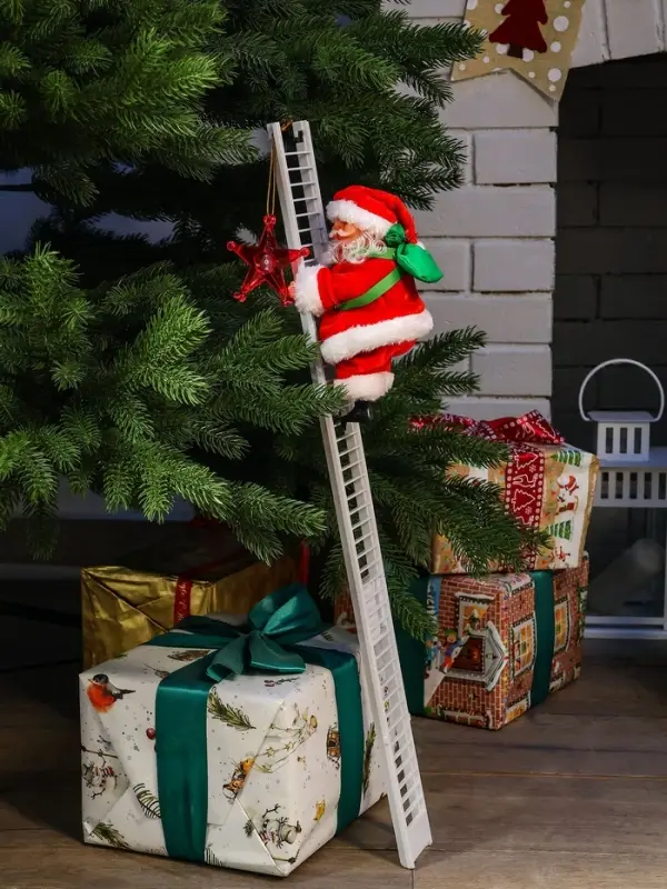 Дед Мороз "С мешком, на лестнице" 20х9 см, 65 см, движение, музыка, красный