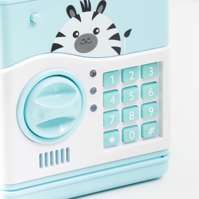 Копилка пластик Копилка пластик "Сейф. Зебра" кодовый замок, звук АА голубой 13х12х19 см