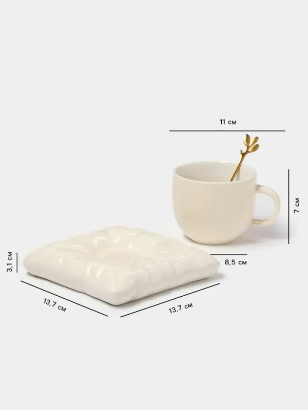 Чайная пара &laquo;Зефирка&raquo;, 3 предмета: чашка 250 мл, блюдце d=13.7 см, ложка, керамика, бежевая