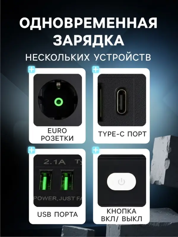 Удлинитель сетевой, 5 розеток (3 евро + 2 универсальные), 2 м, 1300 Вт, 3&times;0.75 мм2, 2 USB-A, USB-C, 2.1 А, c заземлением, с выключателем