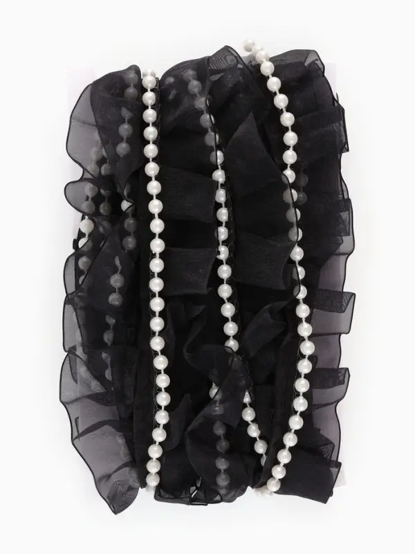 Рюш капроновый, с бусинами, 30 мм, 4.5&plusmn;0.5 м, чёрный/белый
