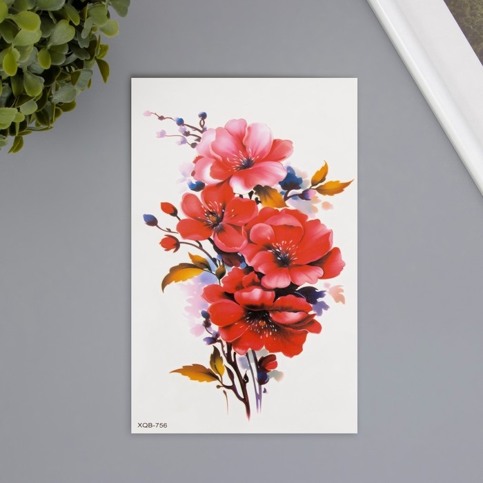 Татуировка на тело цветная  Татуировка на тело цветная "Ветка с красными цветами" 11,4х21 см