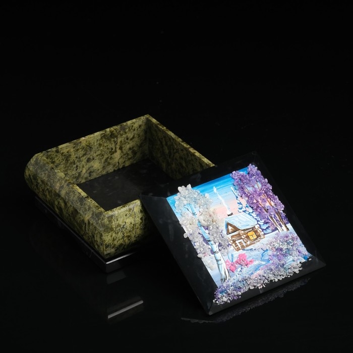 Шкатулка с пейзажем "Зима", каменная крошка, змеевик