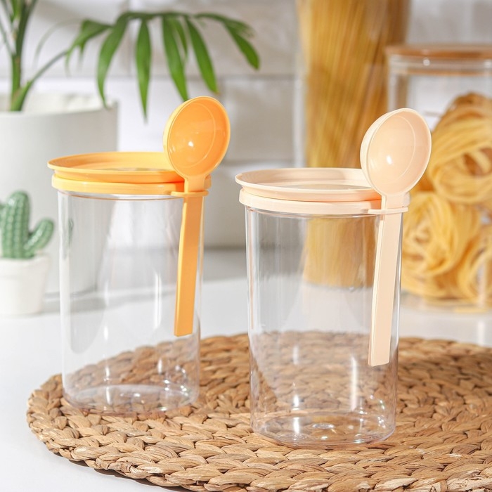 Банка для сыпучих продуктов, 700 мл, с ложкой, прозрачная, крышка МИКС Банка для сыпучих продуктов, 700 мл, с ложкой, прозрачная, крышка МИКС