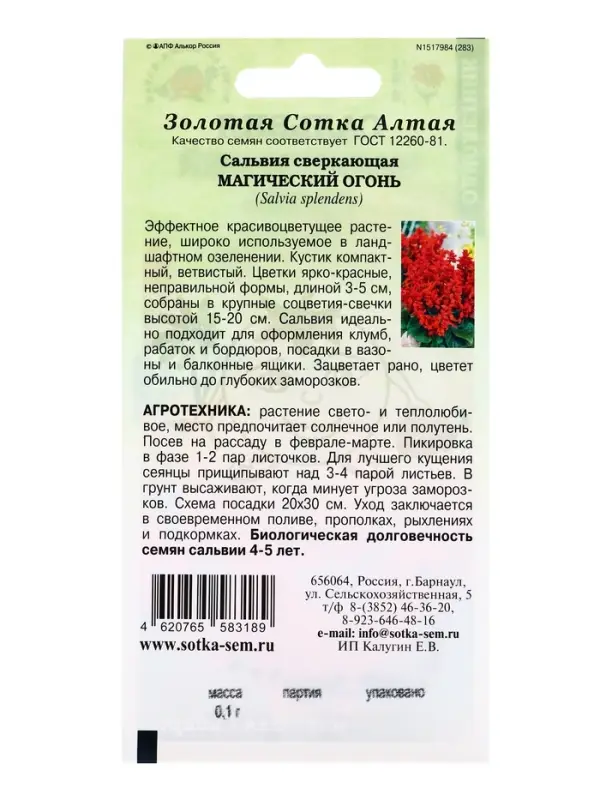 Семена Сальвия Магический огонь /Сотка/ 0,1г/ h-20см/*1300 Семена Сальвия Магический огонь /Сотка/ 0,1г/ h-20см/*1300