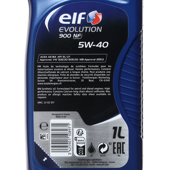 Масло моторное Elf EVOLUTION 900 NF 5W40 A3/B4, SL/CF, синтетическое, 1 л Масло моторное Elf EVOLUTION 900 NF 5W40 A3/B4, SL/CF, синтетическое, 1 л