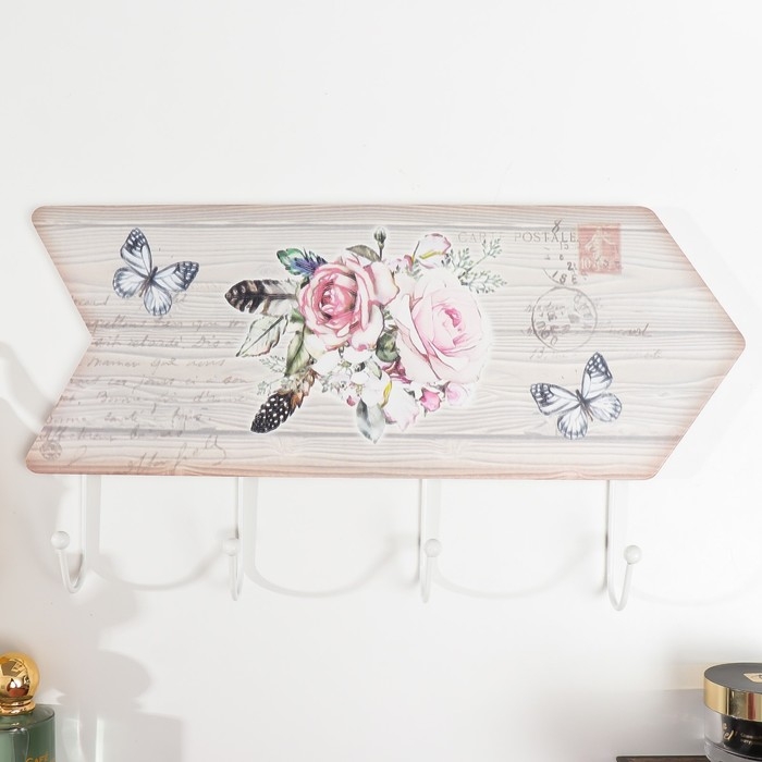 Крючки декоративные дерево Крючки декоративные дерево "Розы с перьями и бабочками" 5,5х39,5х23 см