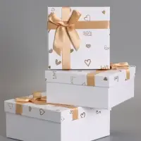 Набор подарочных коробок 3 в 1, прямоугольные с бантом, белый с золотом,19&times;19&times;9.8; 17&times;17&times;8; 15&times;15&times;6.5 см