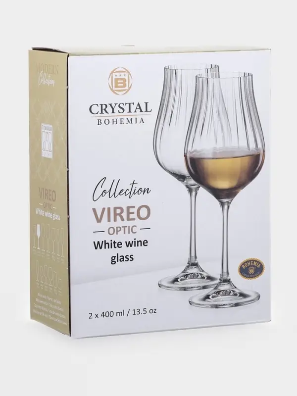 Бокалы для белого вина CRYSTAL BOHEMIA VIREO OPTIC, 400 мл, размер одного бокала 8&times;22 см, набор 2 шт., стекло, прозрачные
