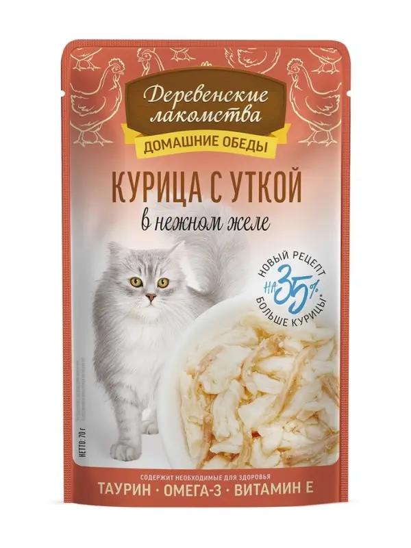Влажный корм для кошек &laquo;Деревенские лакомства&raquo;, курица с уткой в нежном желе, пауч, 70 г